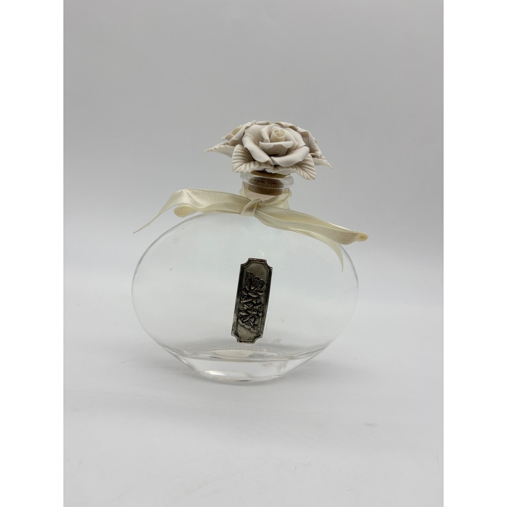 Studio Silversmiths Cellini Crystal Glass Perfume Bottle Ceramic Rose Topper 6"